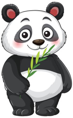 Sevimli karikatür panda ayakta duruyor, bambu tutuyor, yumuşak gölgeli ve temiz vektör çizgileri var.