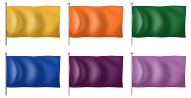 Gerçekçi gölgeleme ve metal bayrak direkleri ile altı katı renk bayraklarının parlak vektör çizimi