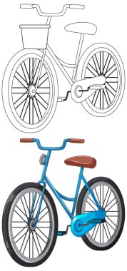 Kahverengi koltuklu mavi bisiklet, sepet, temiz çizgiler, düz renkler, beyaz üzerine izole edilmiş