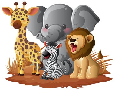 Zürafa, fil, zebra ve aslan renkli çizgi film vektörü, parlak renkler, beyaz arkaplan