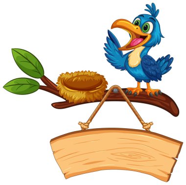 Boş tahta tabelanın üzerindeki yapraklı dalda yuvası olan neşeli mavi çizgi film kuşu, vektör çizimi..