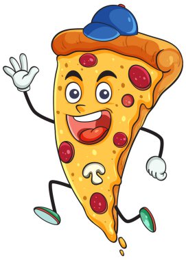 Gülümseyen animasyon pizza dilimi, başlık, kollar ve bacaklar, enerjik duruş, parlak vektör renkleri