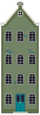 Uzun yeşil Hollanda kanal evinin düz vektörü, kemerli pencereler, minimum gölgeleme, temiz çizgiler