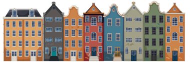 Süslü, canlı renklere, simetrik bileşime sahip geleneksel Hollanda kanal evlerinin düz vektör sırası