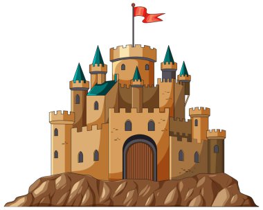 Güçlendirilmiş ortaçağ taş şatosunun karikatür vektörü kuleleri, kemerli kapısı, kayalarda kırmızı bayrağı.