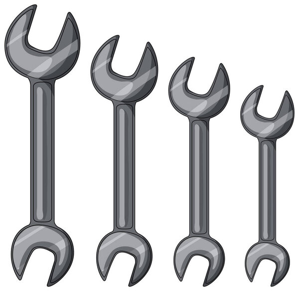 Four metallic open-end wrenches in varying sizes, clean vector style, white background