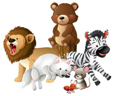 Çizgi film tarzında aslan, ayı, zebra, kutup tilkisi, fare ve karıncaların renkli çizimi