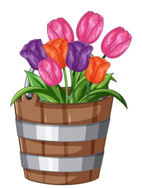 Kırsal ahşap kovada parlak pembe, turuncu ve mor laleler, vektör çizgi film tarzı.