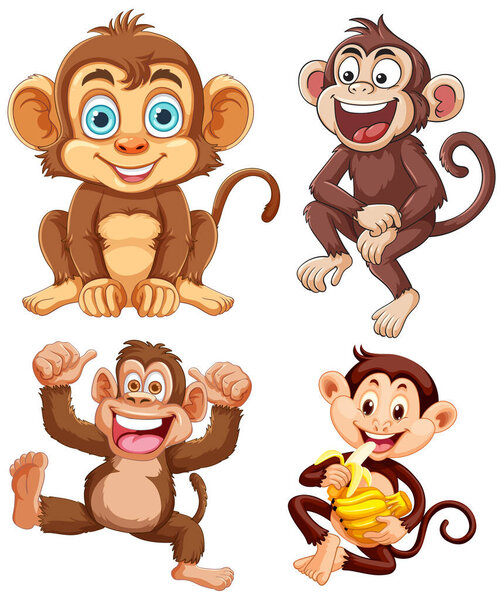 Четыре игривые мультяшные обезьяны с выразительными лицами, яркими цветами и чистыми векторными линиями на белом.