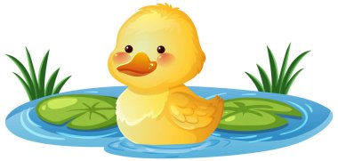 Çizgi film vektör tarzında sevimli ördek yavrusu, parlak renkler, gölet ayarı, yumuşak gölgeleme, ön görünüm