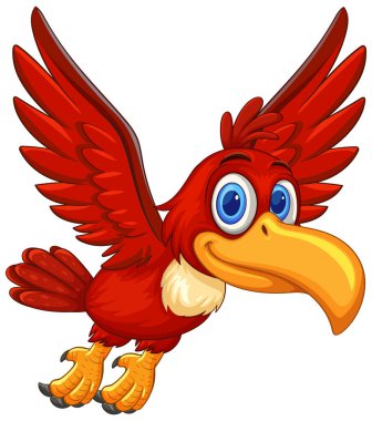 Büyük gagalı, mavi gözlü, açık kanatlı parlak kırmızı papağan, vektör çizimi.