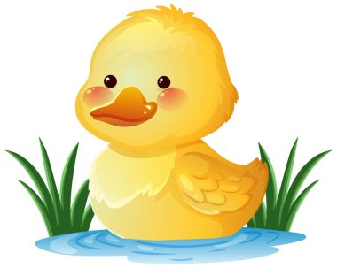 Parlak renkli şirin çizgi film ördek yavrusu, çimenli suda oturuyor, vektör illüstrasyon tarzı.