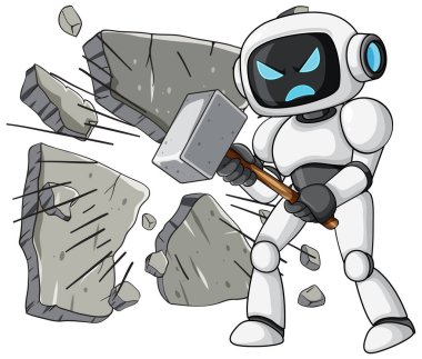 Kızgın robot karakter büyük çekiç, çizgi film vektör stili ve dinamik bileşimi kullanarak beton duvarı yıkıyor.