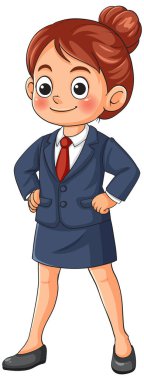 Karikatür genç bayan, donanma takımı, eller kalçada, kendine güvenen poz, beyaz arka plan, vektör tarzı