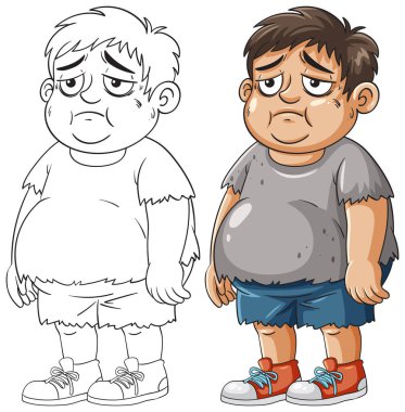 Yırtık elbiseli üzgün çocuğun çizgi film vektörü, renkli ve ana hatlı versiyonlar, anlamlı duygular..