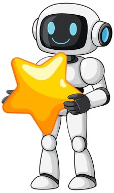 Dost canlısı çizgi film robotu mavi yüz plakalı büyük sarı yıldız, beyaz arka plan, vektör tarzı