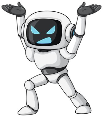 Şekillendirilmiş robot karakter, beyaz vücut, siyah ekran yüz, kızgın mavi gözler, kollar havada.
