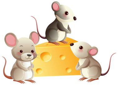 Üç sevimli çizgi film faresi büyük bir peynir dilimi, parlak renkler ve vektör illüstrasyonuyla etkileşime girer.