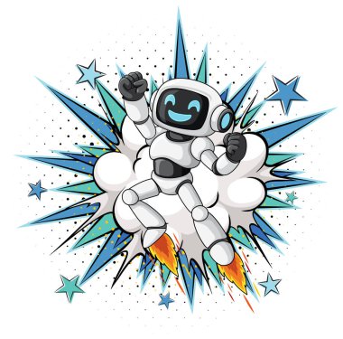 Çizgi film robotu roketleri fırlatıyor, etrafı çizgi roman patlamalarıyla, mavi yıldızlarla, dinamik çizgilerle çevrili.