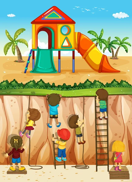 Children climbing up the cliff — Stock Vector