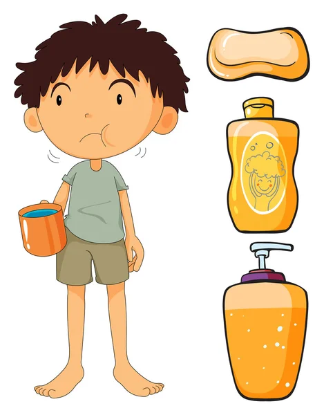 Niño sosteniendo taza y otros objetos — Vector de stock