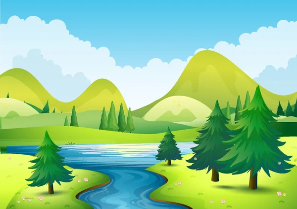 Nature scene with river and hills — Stock Vector