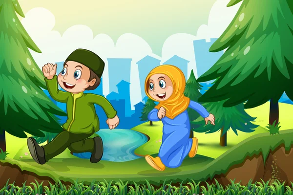 Μουσουλμανικό αγόρι και κορίτσι στο πάρκο — Διανυσματικό Αρχείο