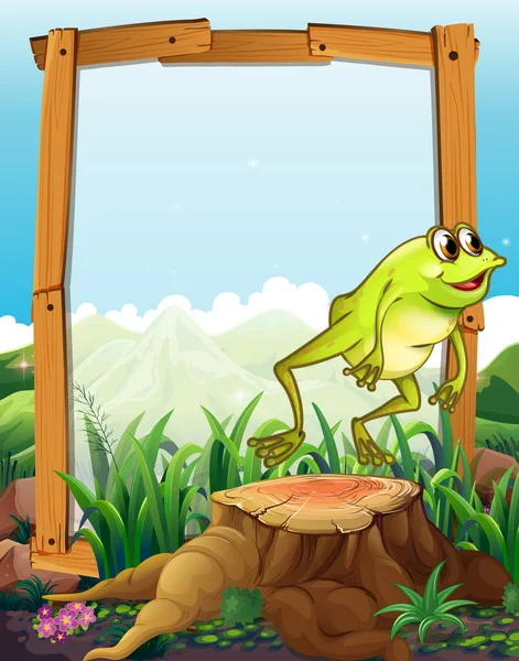 배경 점프 하는 개구리와 나무 프레임 — 스톡 벡터