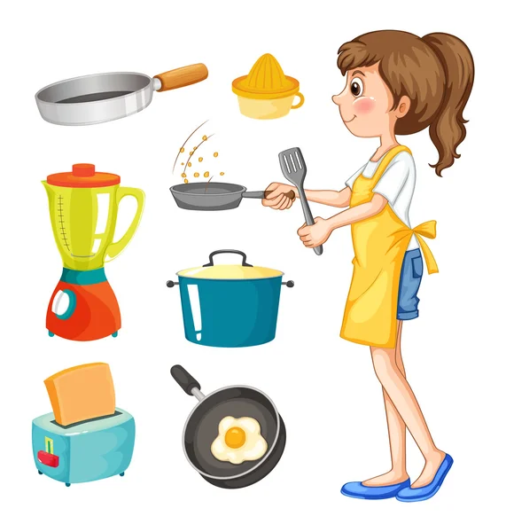 Woman cooking and other kitchen objects — Stock Vector