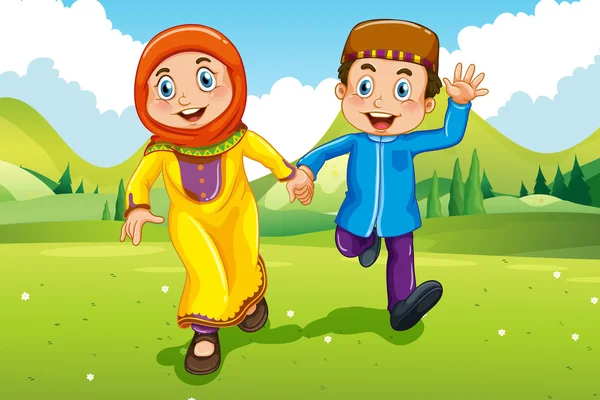 Muslim anak laki-laki dan gadis memegang tangan - Stok Vektor
