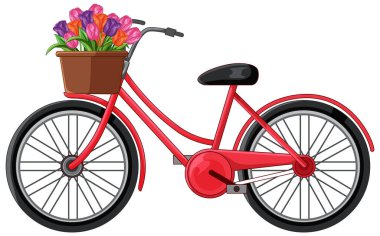 Ön lale sepetli parlak kırmızı bisiklet, temiz vektör stili, beyaz arkaplan