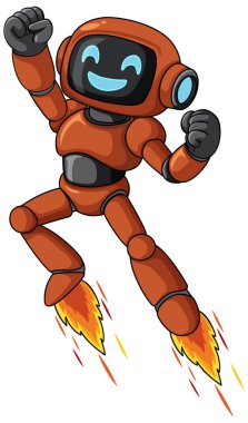 Gülen turuncu robot karakter jet alevleriyle yukarı doğru uçuyor, çizgi film vektör stili, dinamik duruş