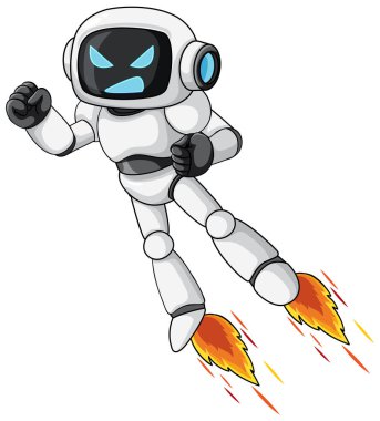 Mavi yüzlü beyaz robot, jetpack alevleri, dinamik duruş, kalın hatlar, vektör tarzı