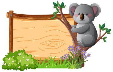 Ağaçta çizgi film koalası, tahta tabela, yeşil çalılar ve mor çiçekler, düz vektör stili.