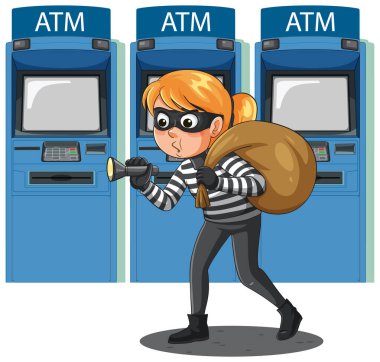 Mavi ATM makinelerinin önüne el feneri ve çanta taşıyan maskeli bir hırsız girdi.