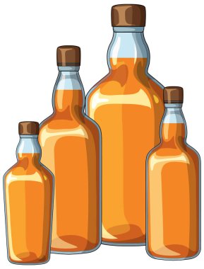 Kehribar sıvısı, temiz çizgiler, kalın renkler ve ince gölgeleme içeren dört cam şişenin vektör çizimi.