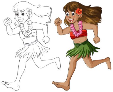 Gülümseyen kız hula eteği, çiçek ve çiçek içinde çıplak ayakla koşar. Çizgi film vektör stili.