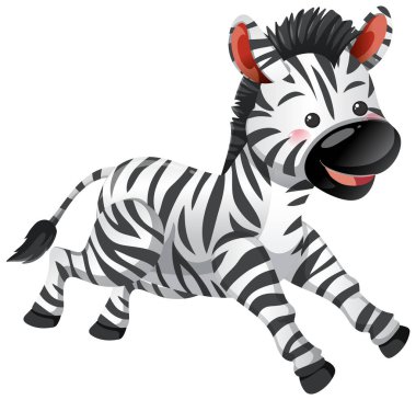 Vektör stilinde oyuncu zebra çizimi, kalın çizgiler, neşeli ruh hali, beyaz arka plan, canlı renkler