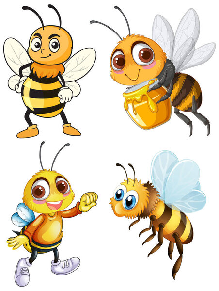 Colorful vector of four playful cartoon bees with expressive faces, one holding a honey pot.