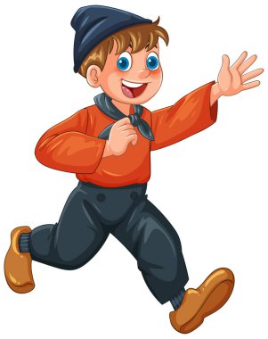 Hollanda kılığında gülümseyen çizgi film çocuğu koşuyor, parlak renkler, temiz vektör çizimi, beyaz arka plan