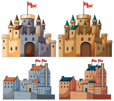 Kırmızı bayraklı dört renkli ortaçağ kalesi, çeşitli mimari ve beyaz üzerine temiz vektör çizgileri..