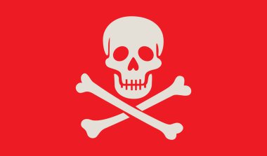 Kırmızı zemin üzerinde kafatası ve çapraz kemiklerin vektör çizimi, düz stil, kalın renkler