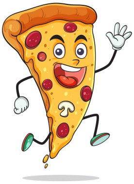 Vektör çizgi film karakteri zıplıyor, gülümsüyor, pepperonili, mantarlı, kalın hatlı, beyaz arkaplan