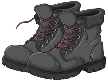 Kahverengi bağcıklı ve yan yana duran engebeli siyah yürüyüş botlarının ayrıntılı çizimi