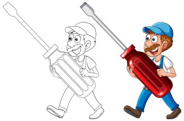 Elinde kocaman bir tornavida, vektör karikatür tarzı, izole edilmiş bir arka plan olan, şapkalı, gülümseyen tamirci.