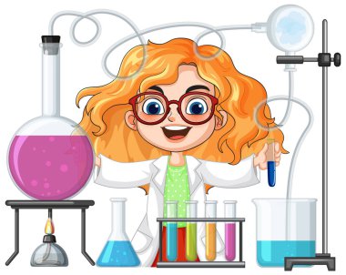 Çizgi film kızıl saçlı, labaratuar önlüklü, renkli cam ve kimyasal reaksiyonlu, vektör stili.