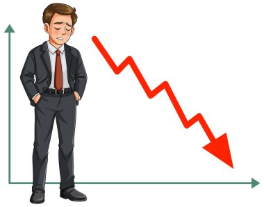 Çizgi film işçisi takım elbiseli, elleri cepte, kırmızı ok çizgisi çizgilerinin yanında