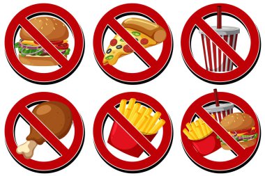 Kırmızı yasaklama işaretleri ile fast food öğelerinin düz vektörü, koyu renkler, beyaz üzerine izole edilmiş..