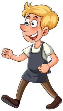 Çizgi film stili genç erkek işçi yürüyor, önlük giyiyor, neşeli bir ifade takınıyor, izole beyaz bir altyapısı var.