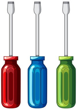 Beyaz arkaplanda izole edilmiş üç düz başlı tornavida saplı vektör illüstrasyonu